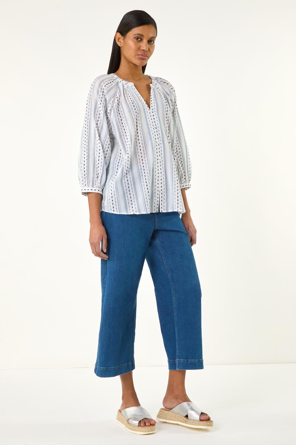 Roman Dobby Stripe Print V-Neck Blouse