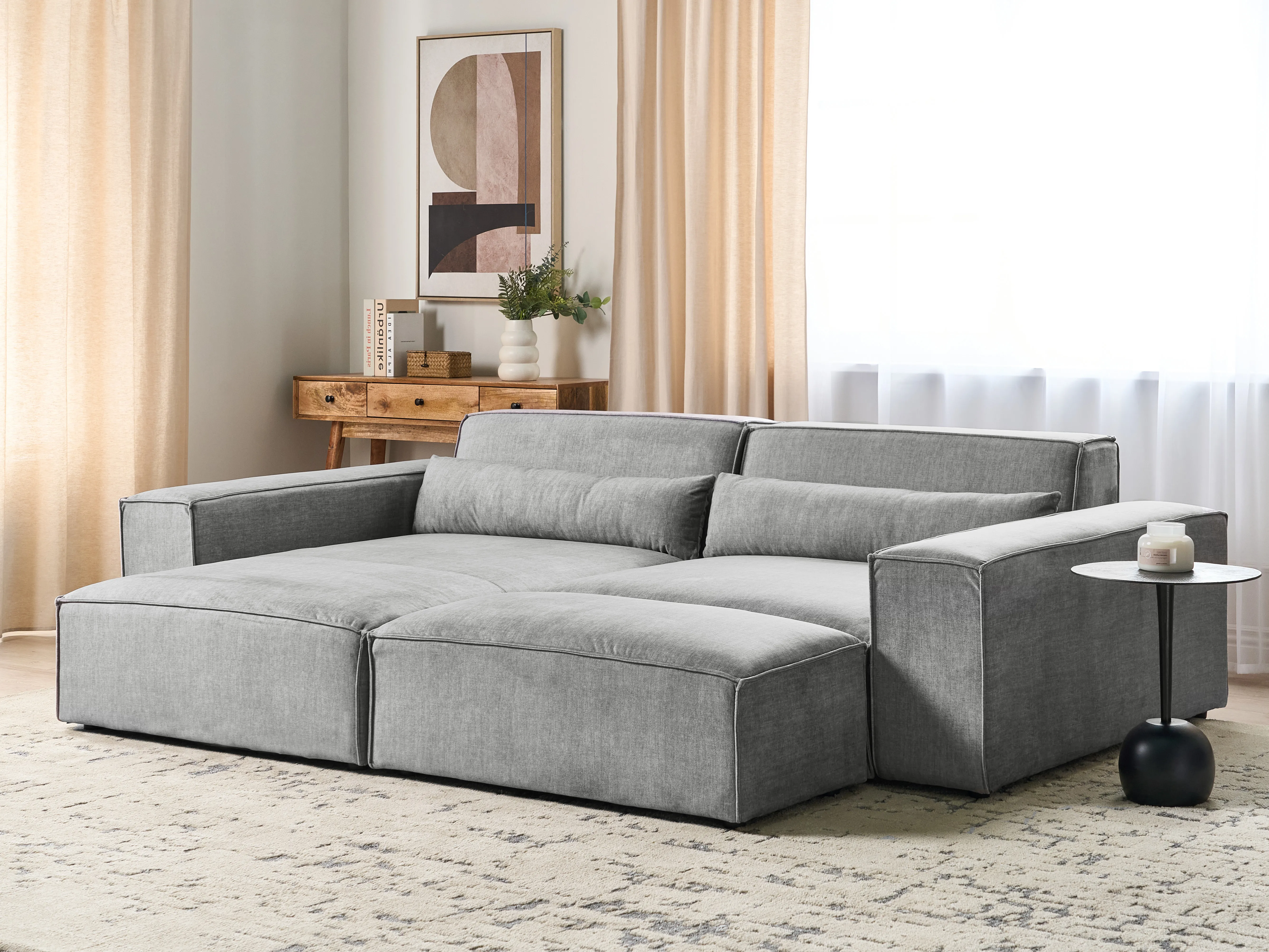Modular Corner Sofa 3 Seater HELLNAR Fabric Grey with Ottoman Right Hand