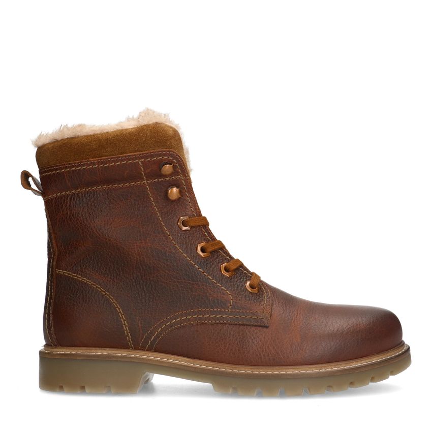 Manfield Cognac leren boots met imitatiebond