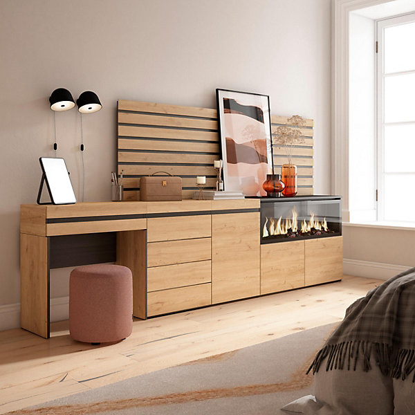 Coiffeuse 284x35x145cm feu led sans chaleur XXL commode buffet chêne