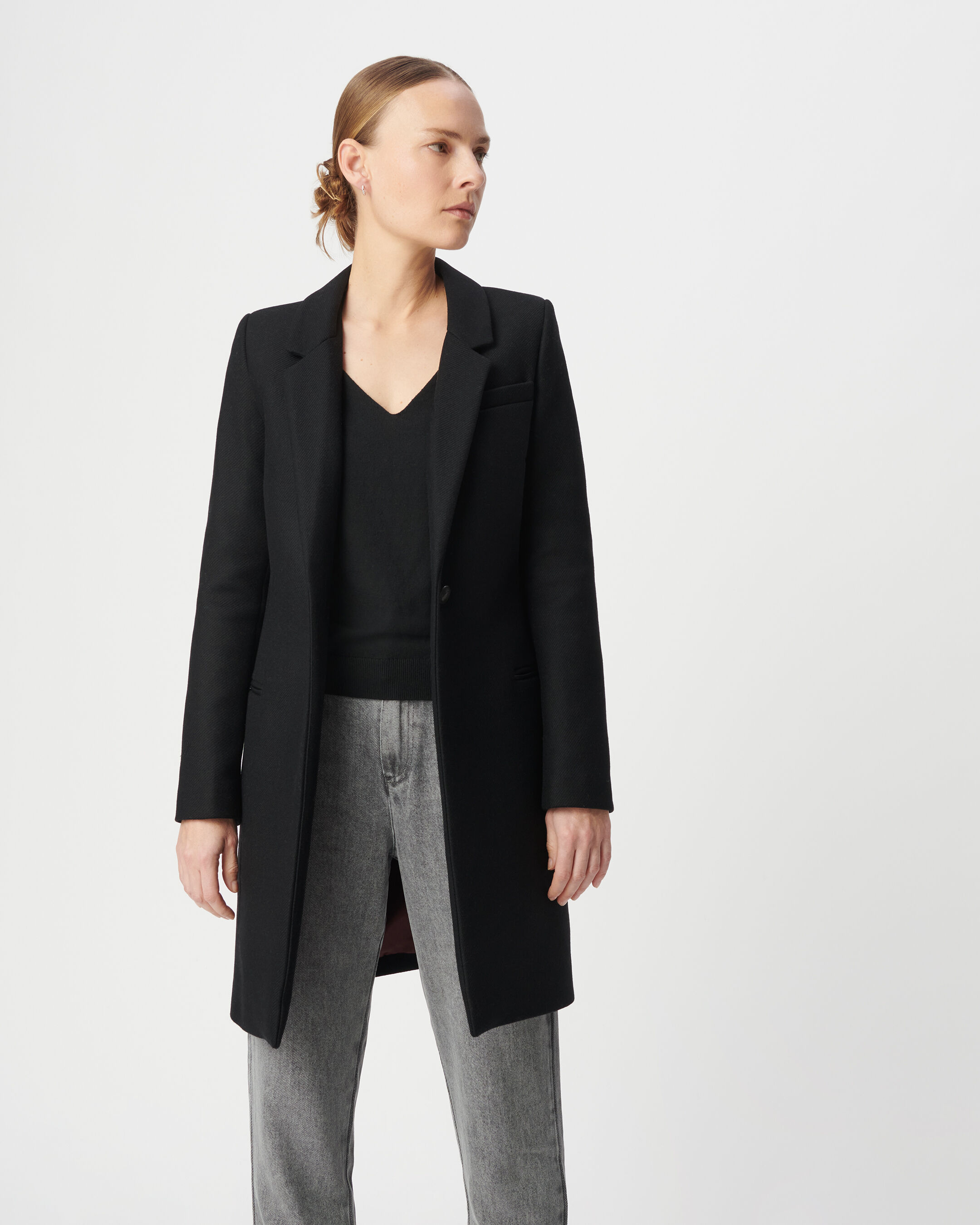 Manteau mi-long noir capuche matelassée amovible Femme
