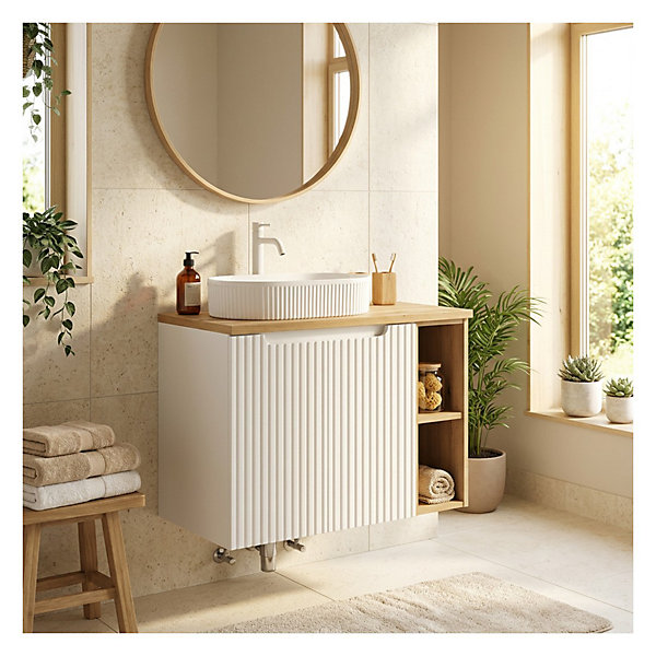 Ensemble VANO blanc 80cm : meubles sous vasque à placards avec niches visibles et plan pour vasque et vasque à poser rainurées