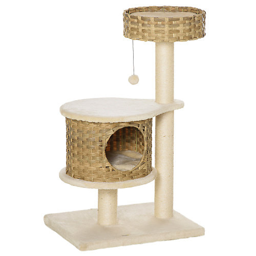 Arbre à chat PawHut avec niche en rotin et jouet suspendu pour petits chats coloris naturel et beige