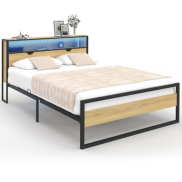 Lit double DETROIT LED intégrés dans la tête de lit et sommier 140 x 190 cm effet bois et métal noir design industriel