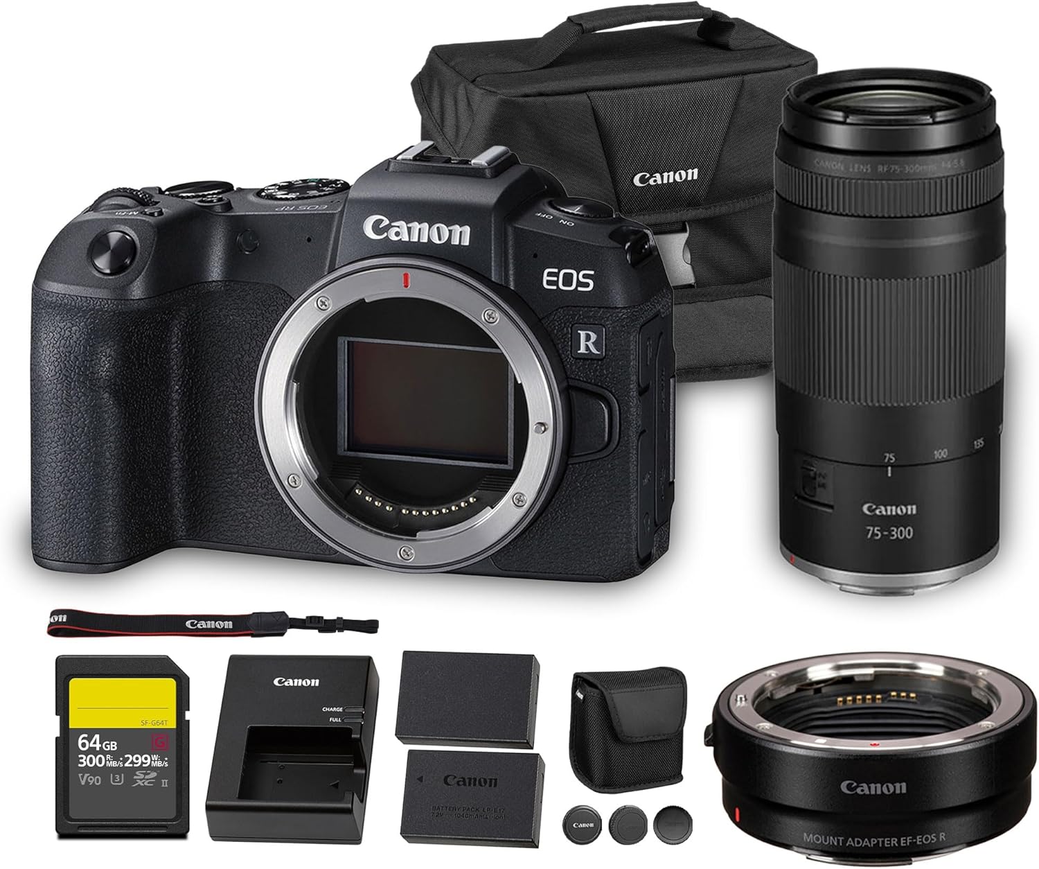 Canon EOS RP Mirrorless Camera | 26.2MP Full Frame Sensor | 4K Video Recording | Lightweight Compact Camera for Travel and Everyday Content Creation + Canon RF 75-300mm Lens + Adapter EF-EOS R + More