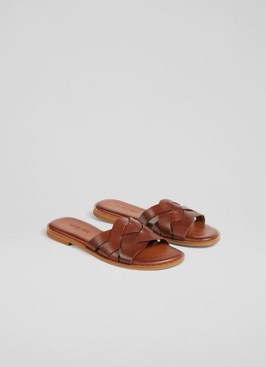 Amara Tan Leather Flat Sliders