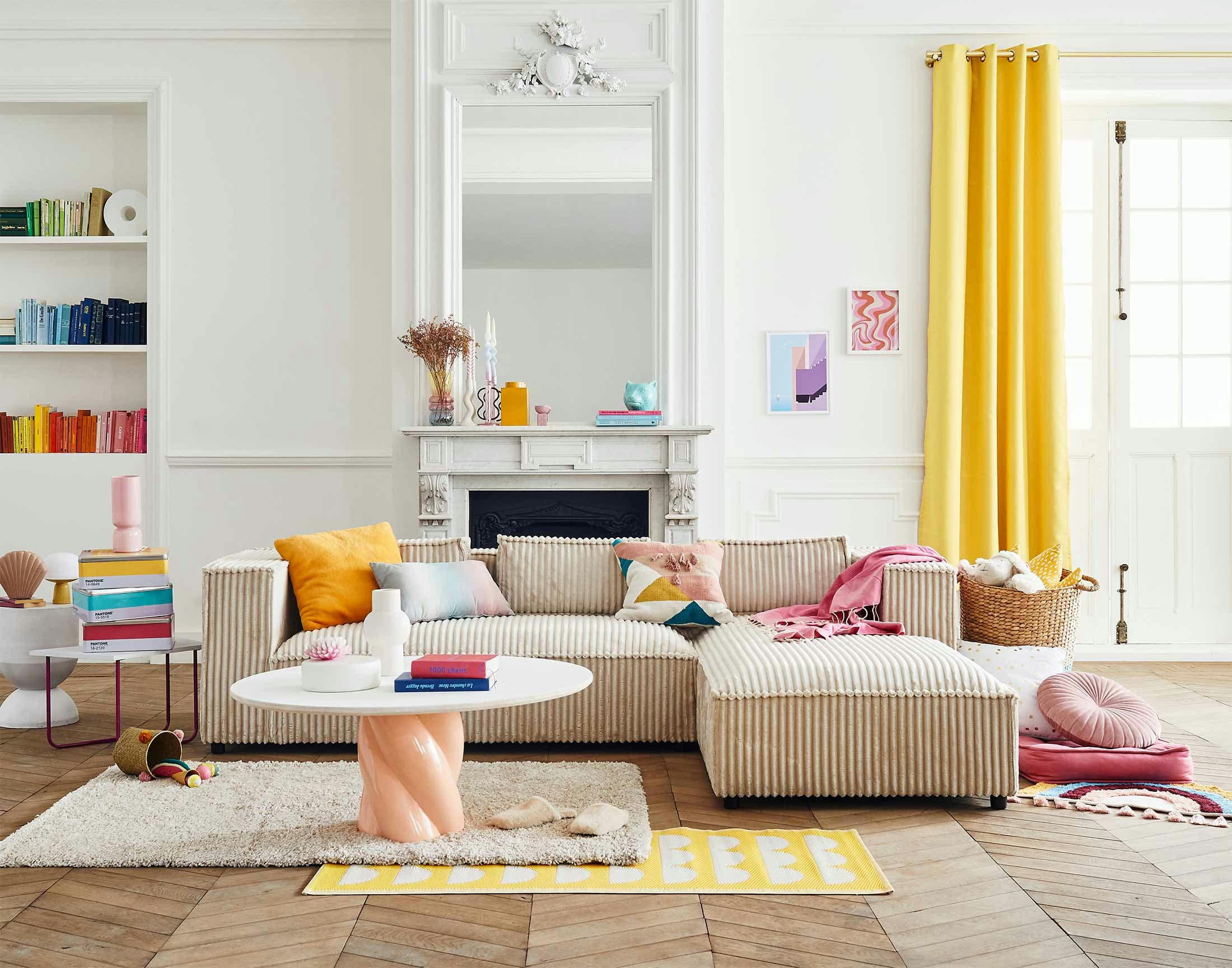 STELLA - Canapé d'angle droit 4 places en velours grosses côtes beige