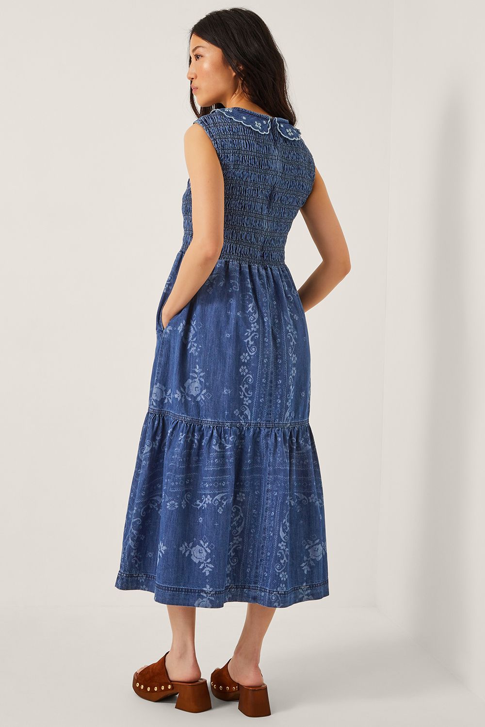 Monsoon Cecily Floral Smocked Denim Midi Dress Blue