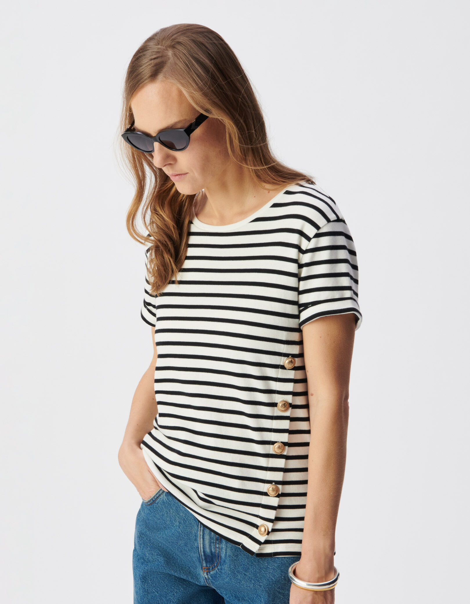 Tee-shirt marinière coton bio boutons devant Femme