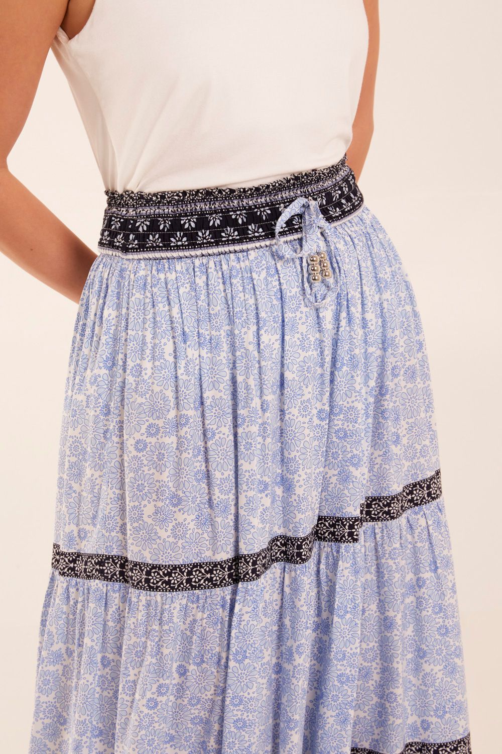 Blue Vanilla Contrast Printed Tiered Skirt