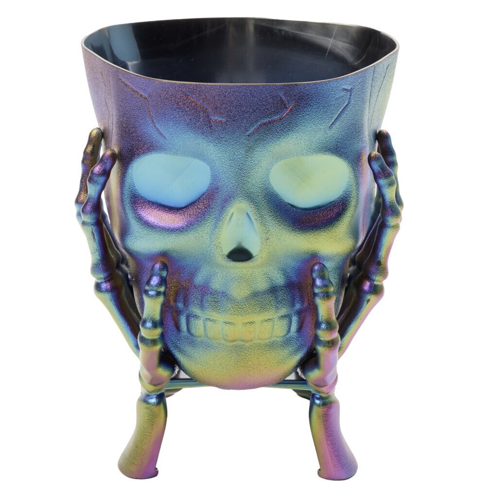 Seau à bonbons Halloween tête de squelette violet iridescent 17x14xH13cm