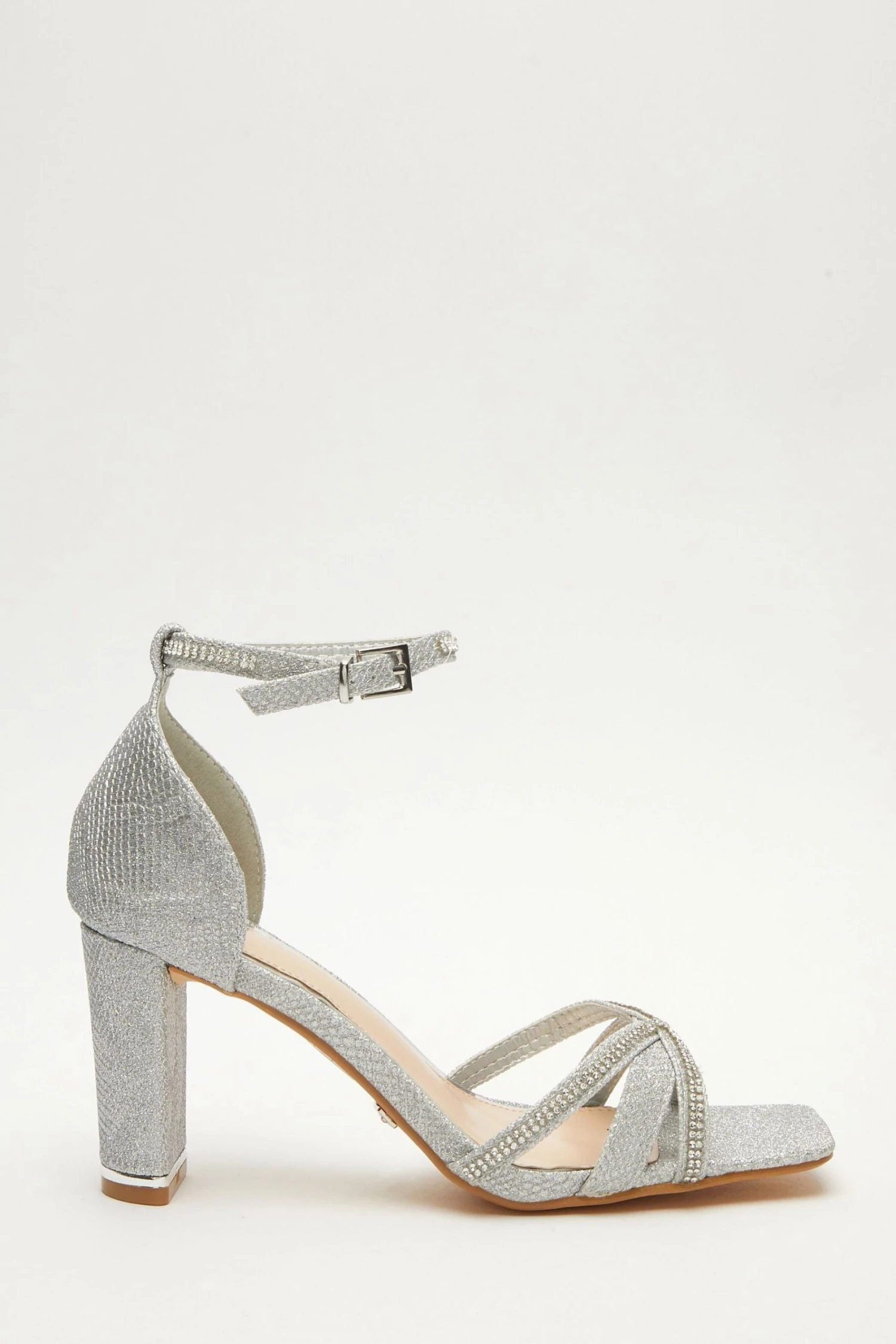 Quiz Silver Satin Cross Diamante Strap Block Heel Sandals