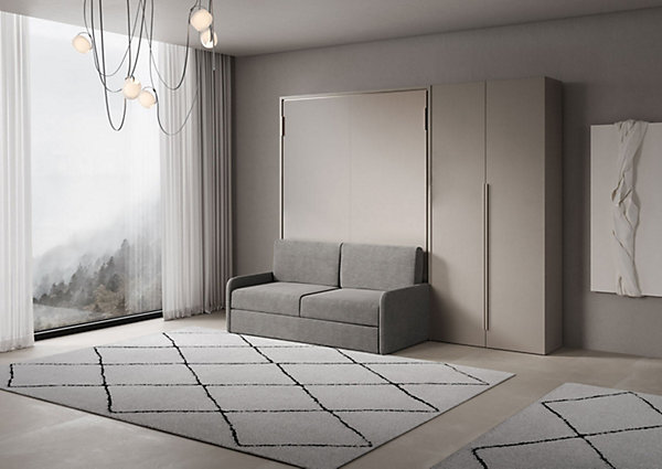 Lit français escamotable vertical Versia Sofà 140 avec canapé, étagère et armoire droite avec 2 portes Argilla