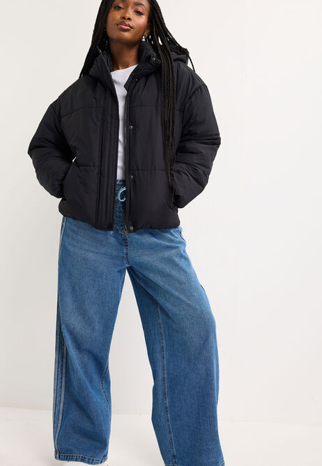 Womens Plain Black Short Padded Jacket