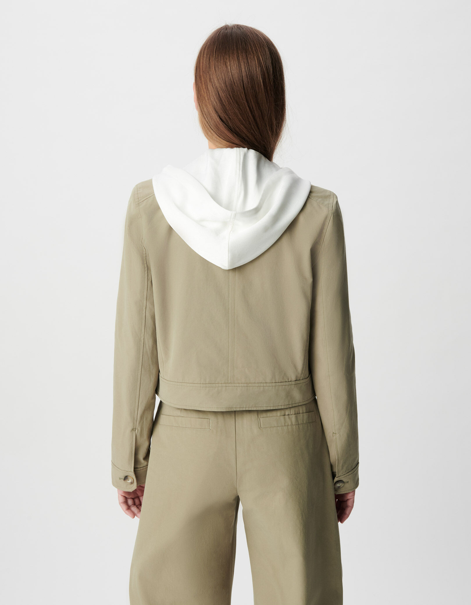 Veste courte kaki capuche blanche satinée amovible Femme