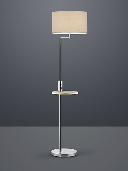 Lampadaire 1xE27, max. 60W, abat-jour tissu gris, tablette bois   USB/USB-C, nickel mat - Trio - Claas