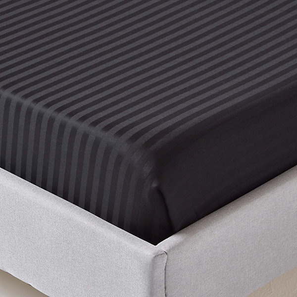 Drap plat satin rayé en coton égyptien 330 fils noir, 178x255 cm - HOMESCAPES