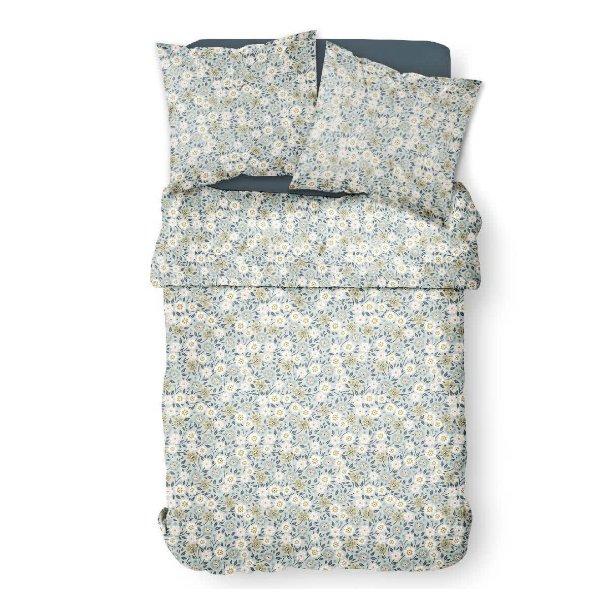 SUNSHINE - Parure de lit 2 personnes imprimé floral en Coton Bleu 220x240 cm