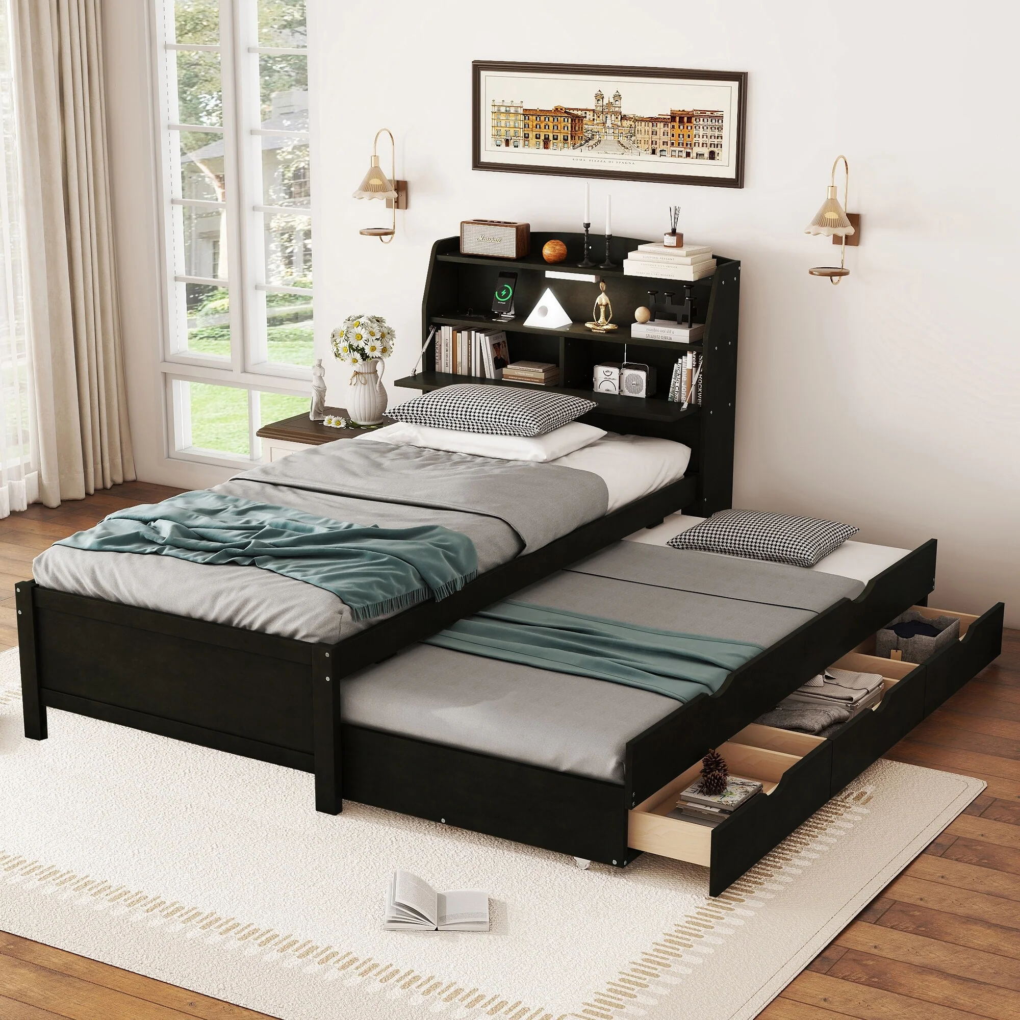 Twin Size Wooden LED Platform Bed with Trundle & Storage Headboard with Drawers, Espresso