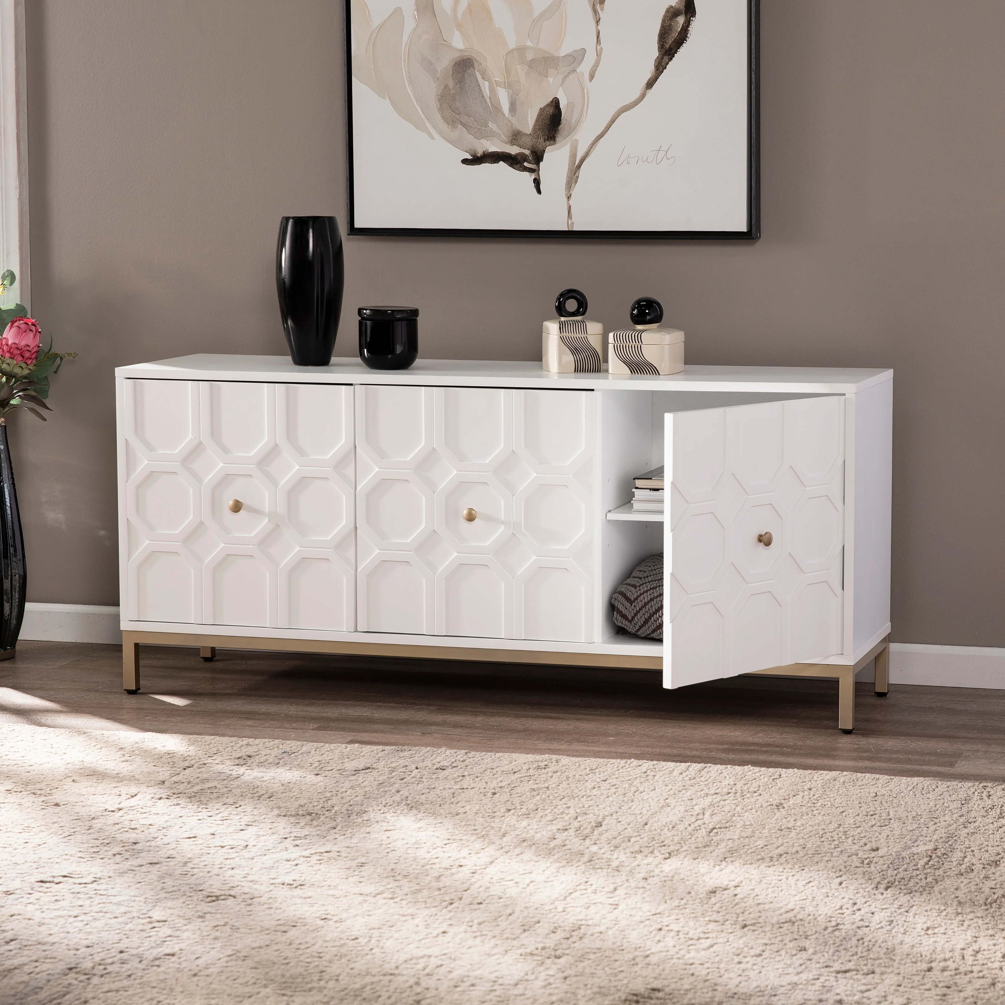 SEI Furniture Gliday Contemporary White Wood 3-Door Buffet Sideboard Accent Cabinet