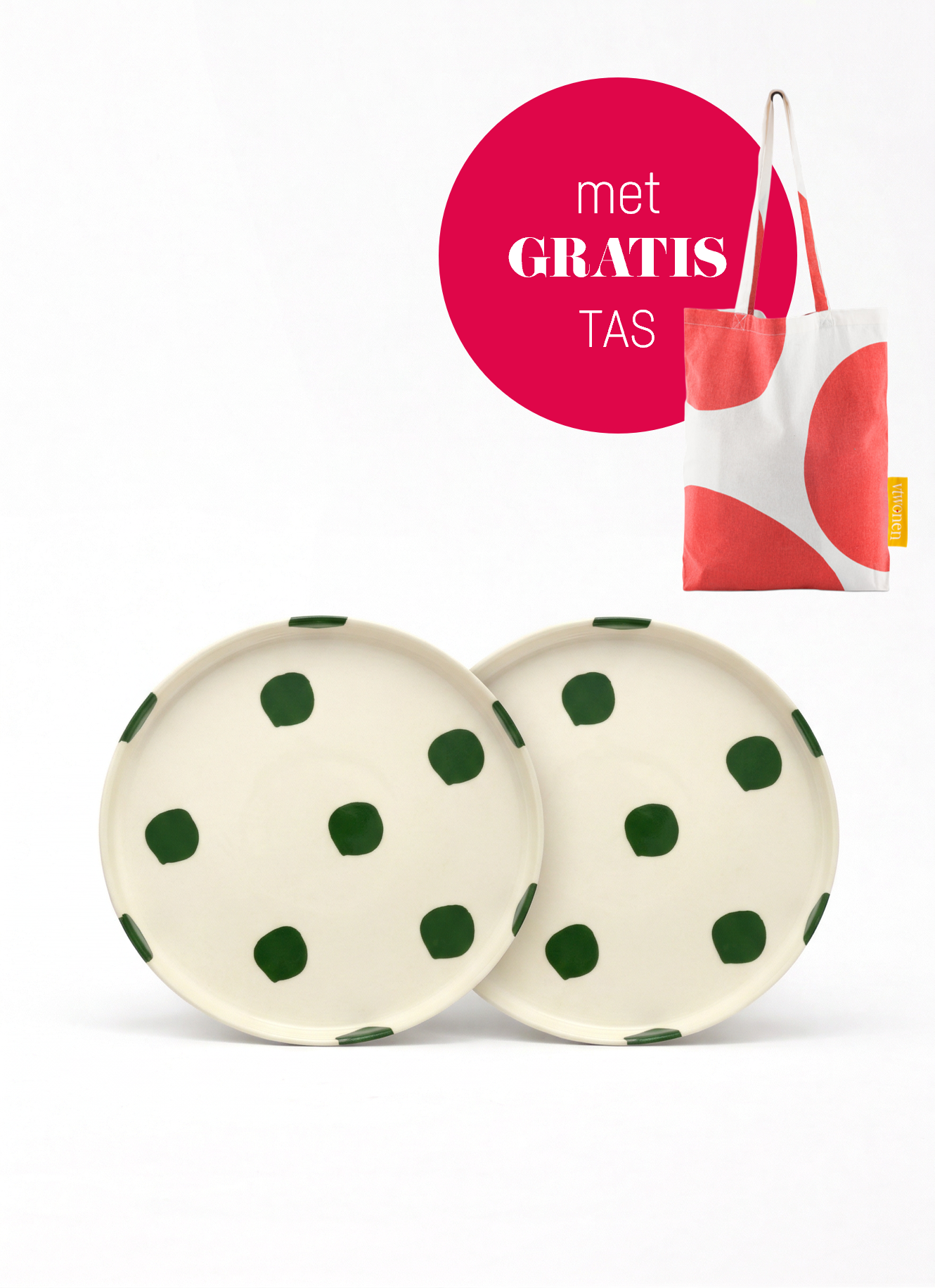 vtwonen - Lunchbord - Stippen - Groen - Set van 2 - Keramiek - 20cm