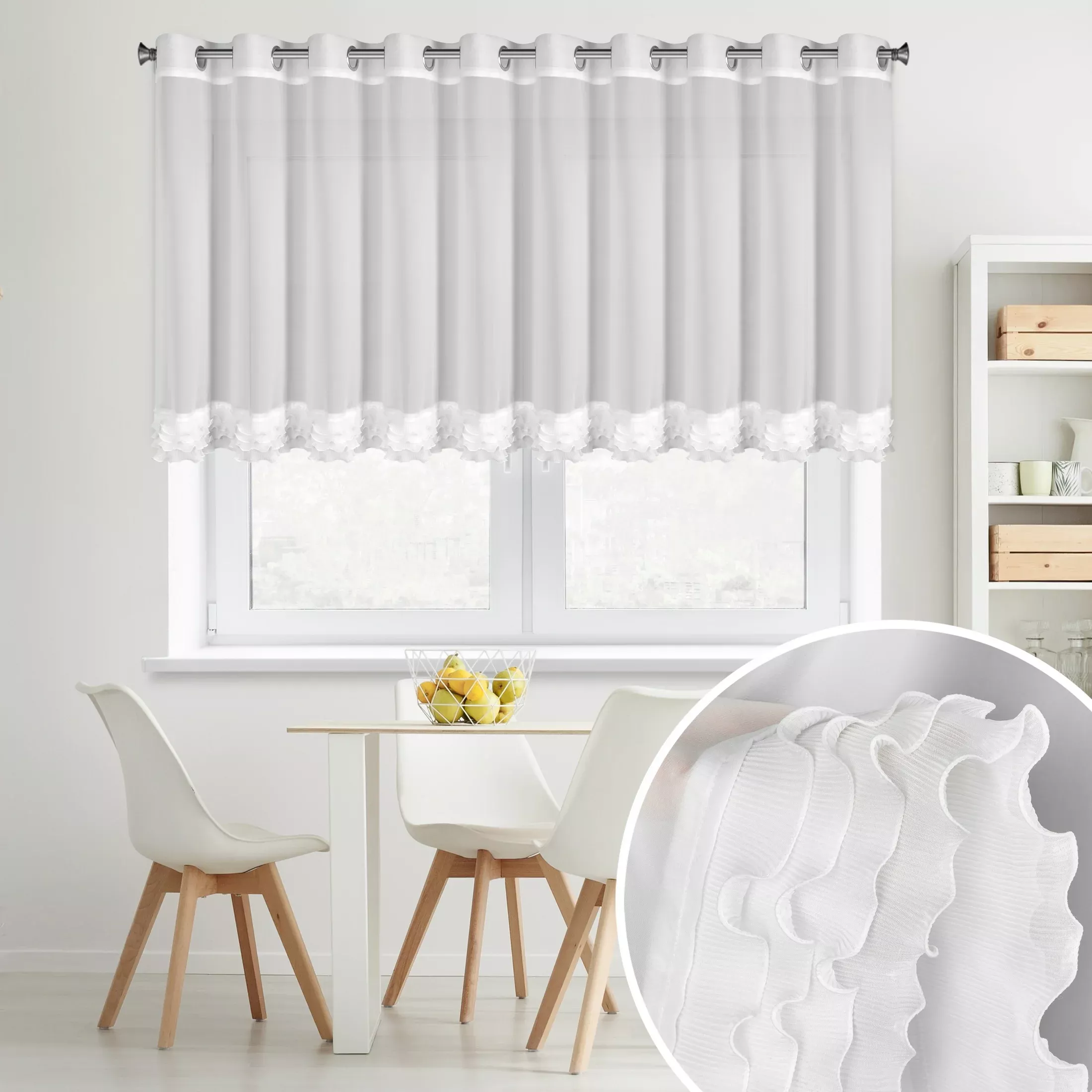 Firana biała z szyfonu zdobiona falbanką400x80 cm przelotka - LUISA