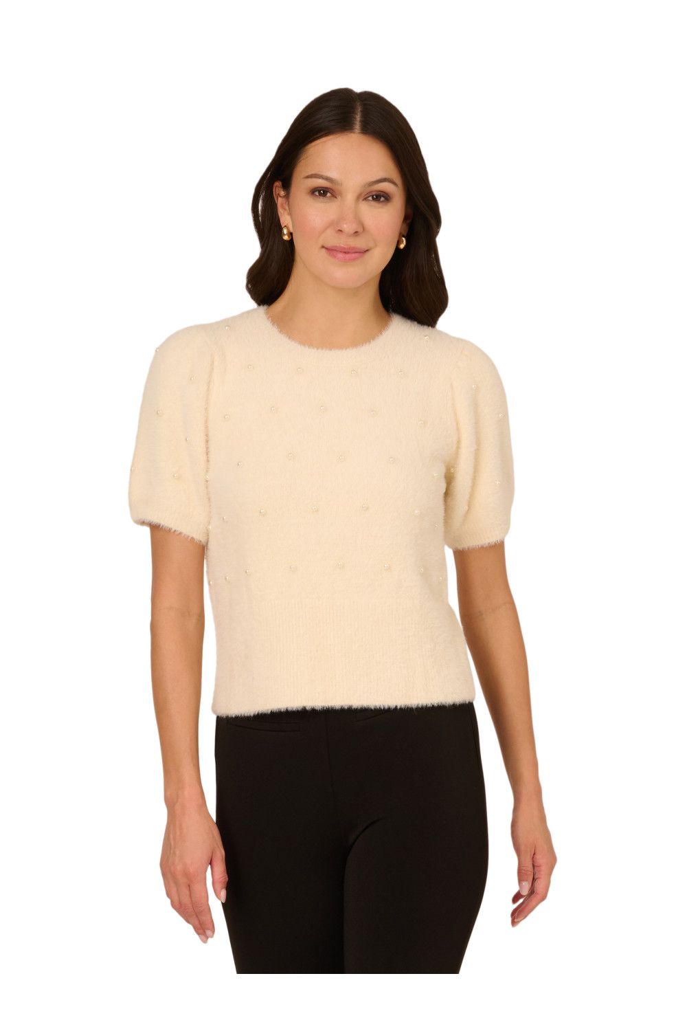 Adrianna Papell Crew Neck Pearl Embellished Short Sleeve Fuzzy Sweater