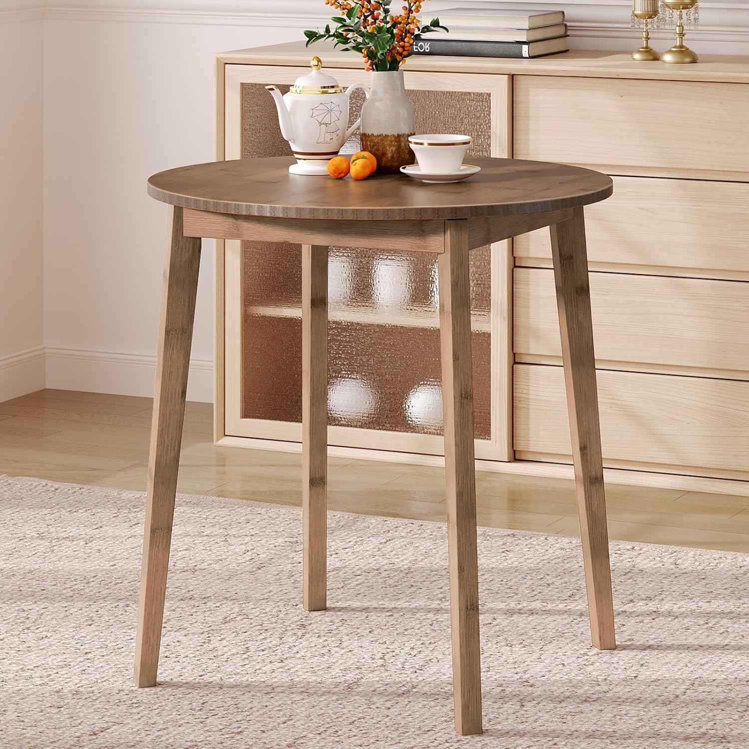 HOOBRO Bamboo Dining Table, Round Dining Table for 2, 27.5 Kitchen Table for Small Space, Writing Table, Easy to Assemble, for Dining Room, Living Room, Office, Kitchen, Apartment, Brown BR71CZ01G1