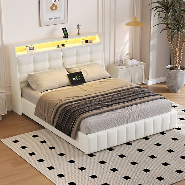 Lit Coffre Double 160x200 cm - Lit Adulte PU avec éclairage LED et Port USB, Idéal pour la chambre -Blanc