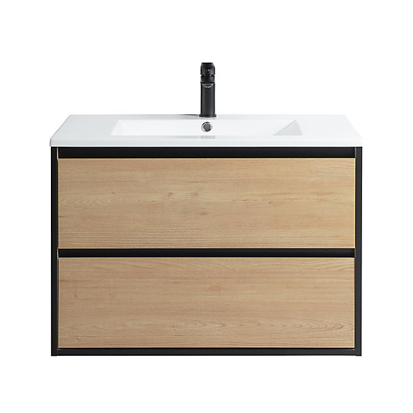 Pack Meuble prémonté 80 bois détail noir-Vasque résine-Robinet noir-Miroir ELY - bain-bain