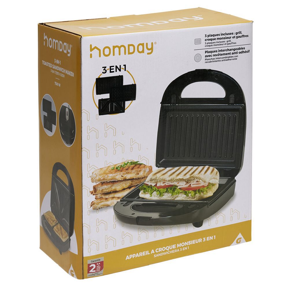 Appareil à croque monsieur 3en1 gaufre et grill 750W
