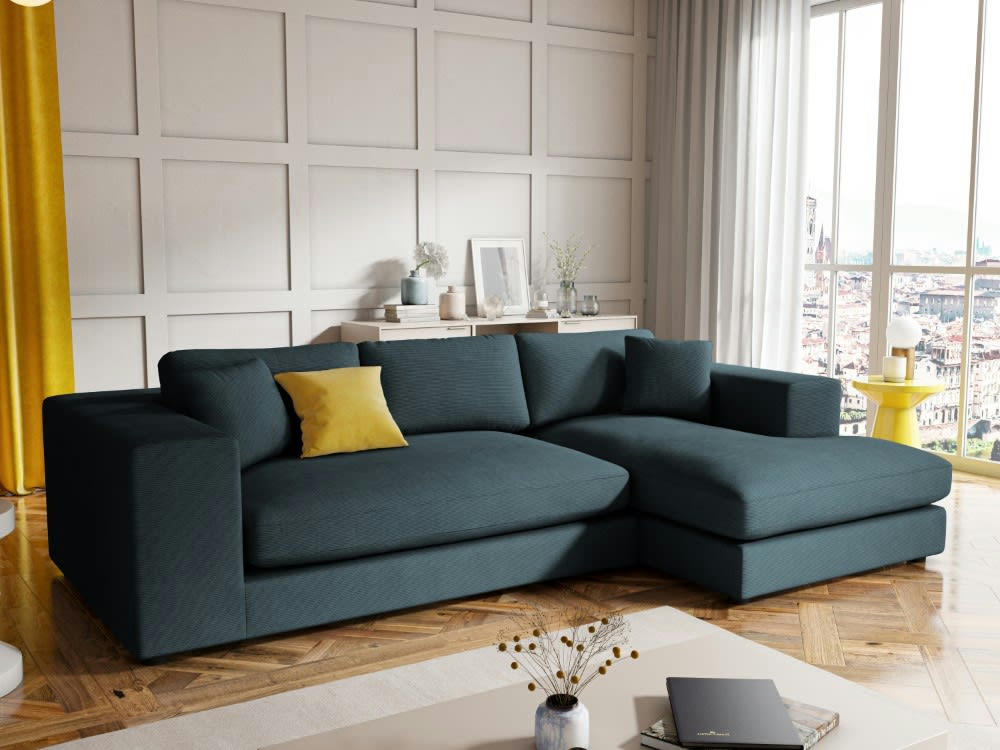 TENDANCE - Canapé d'angle 5 places en tissu structuré bleu