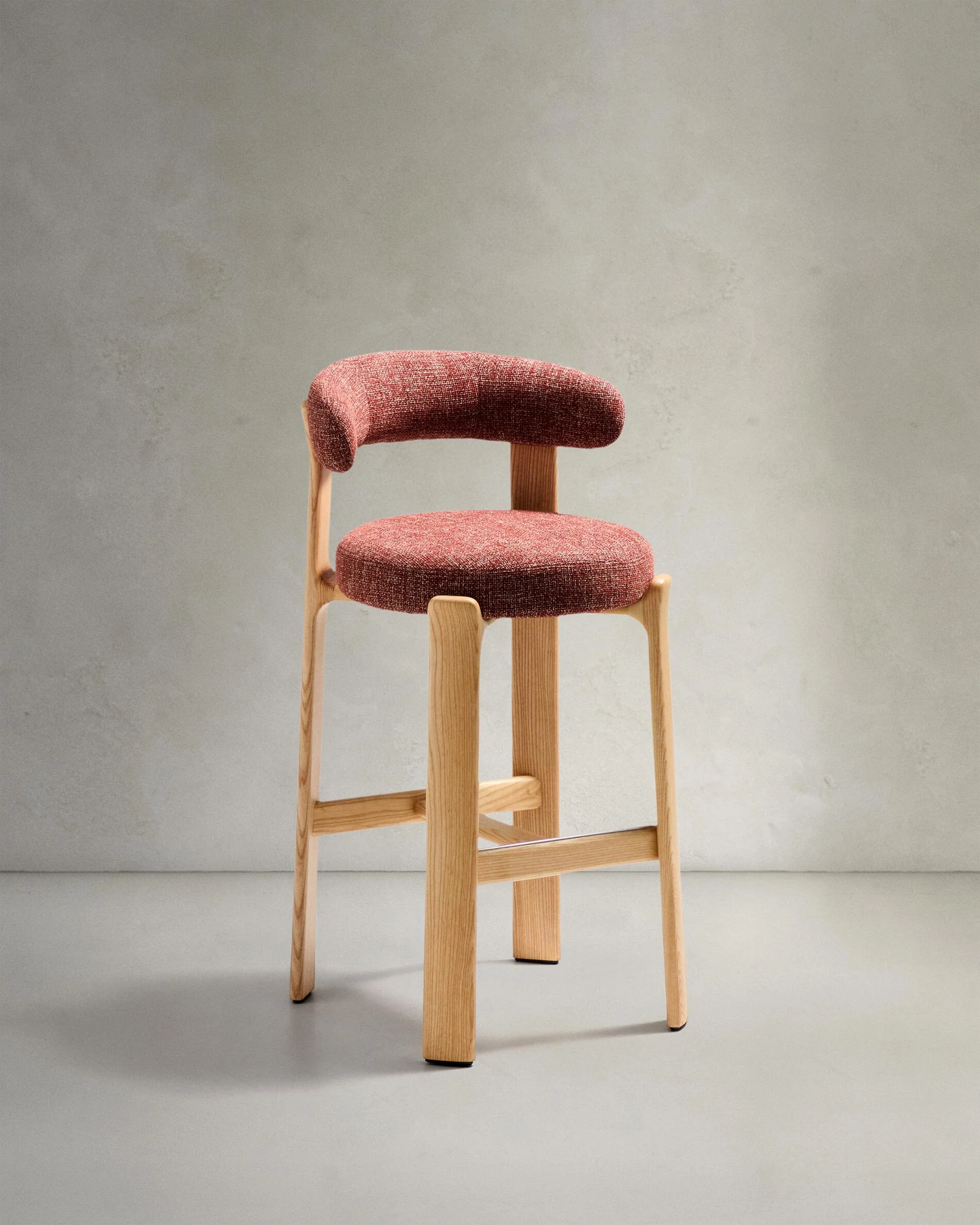 Granite stool in terracotta chenille and solid ash wood with natural tone finish FSC 100% 75cm