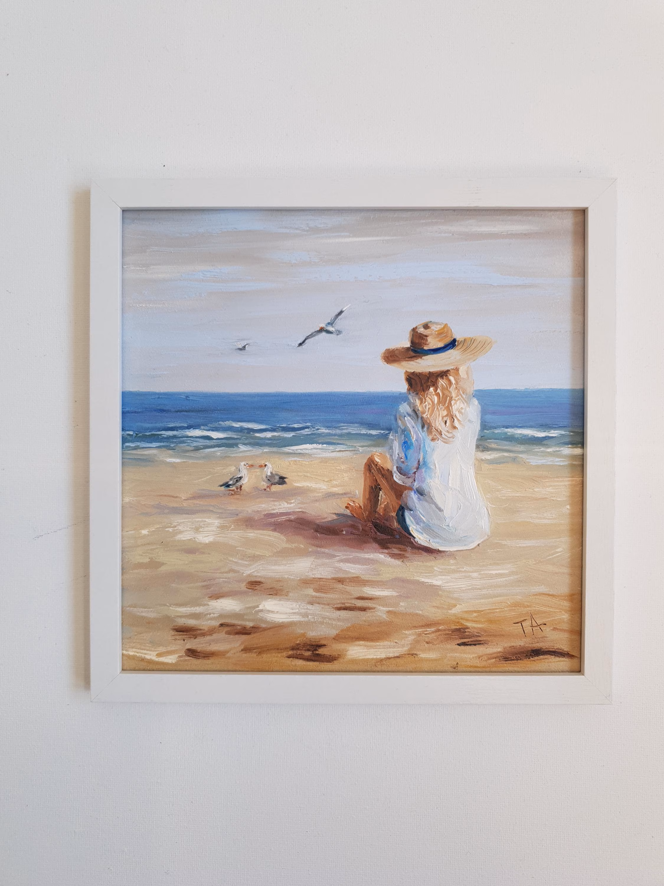Oil Painting Woman Beach Seagulls Seascape Coastal Art Sea 20x20 cm