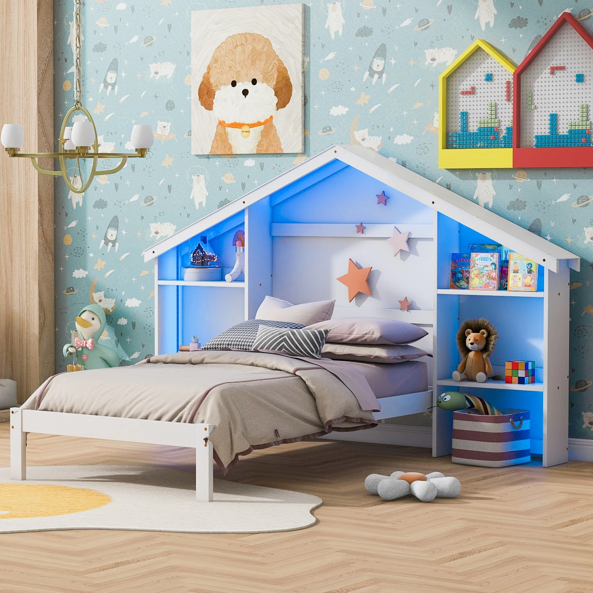 Pink Wood Twin Size Platform Bed with Built-in Shelves and LED Lights