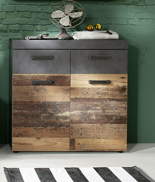 Meuble d'entrée - Meuble de rangement ou à chaussures, Mélaminé coloris bois vieilli finition gris ciment. L-H-P: 90-89-34 cm