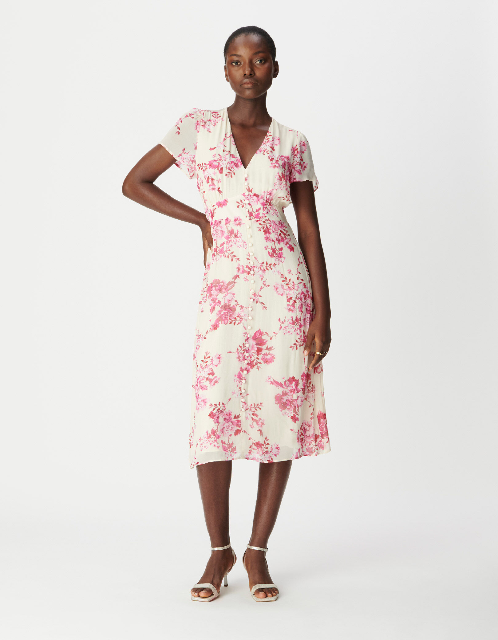 Robe midi écrue imprimé fleurs roses Femme