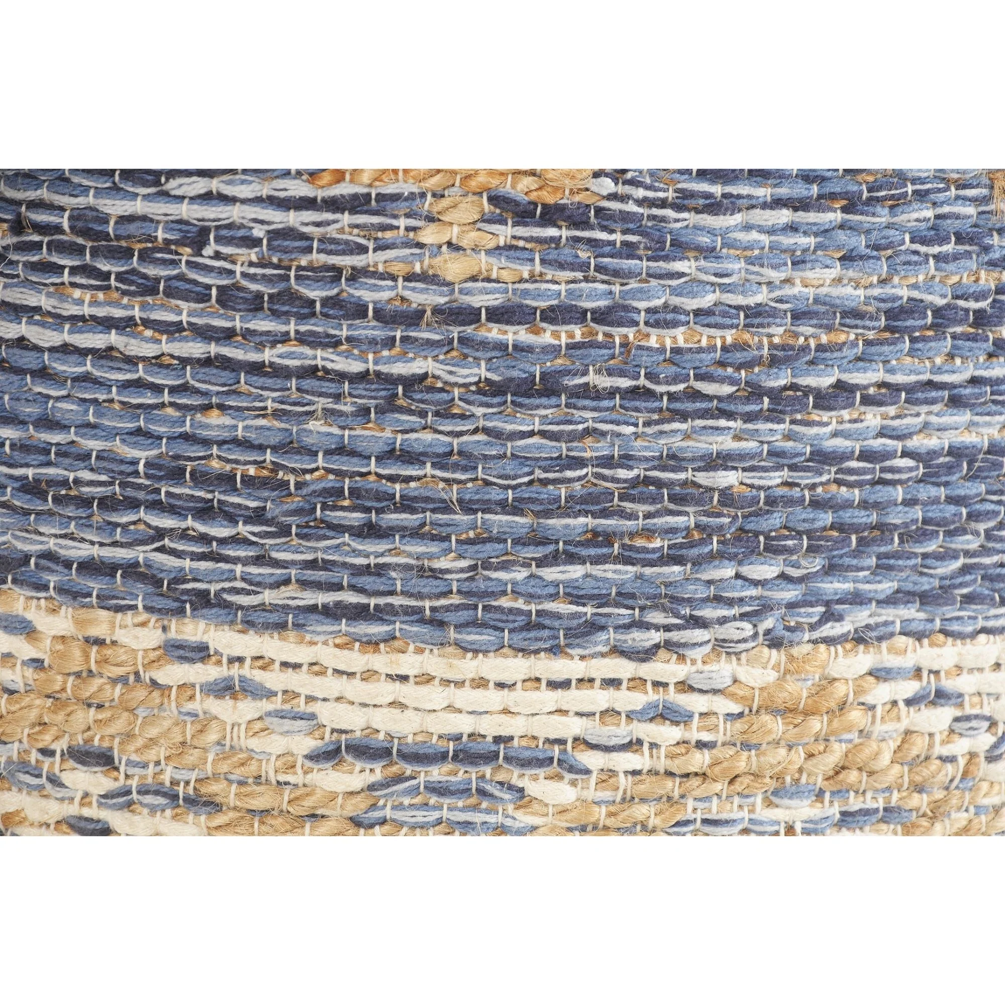 18 Navy Blue and Brown Geometric Jute Round Pouf Ottoman