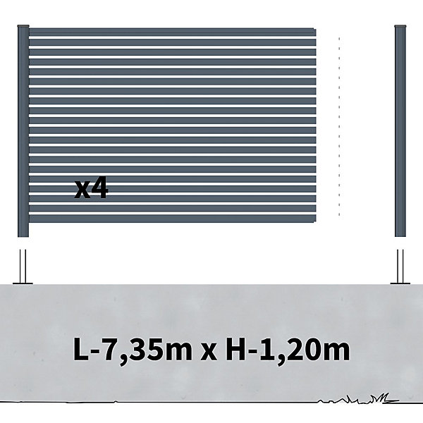 Kit Clôture Aluminium Ajourée sur Muret OLINDA Anthracite 7,38x1,2m - Lames ajourées 21x45x1780 mm - Brise Vue - Palissade