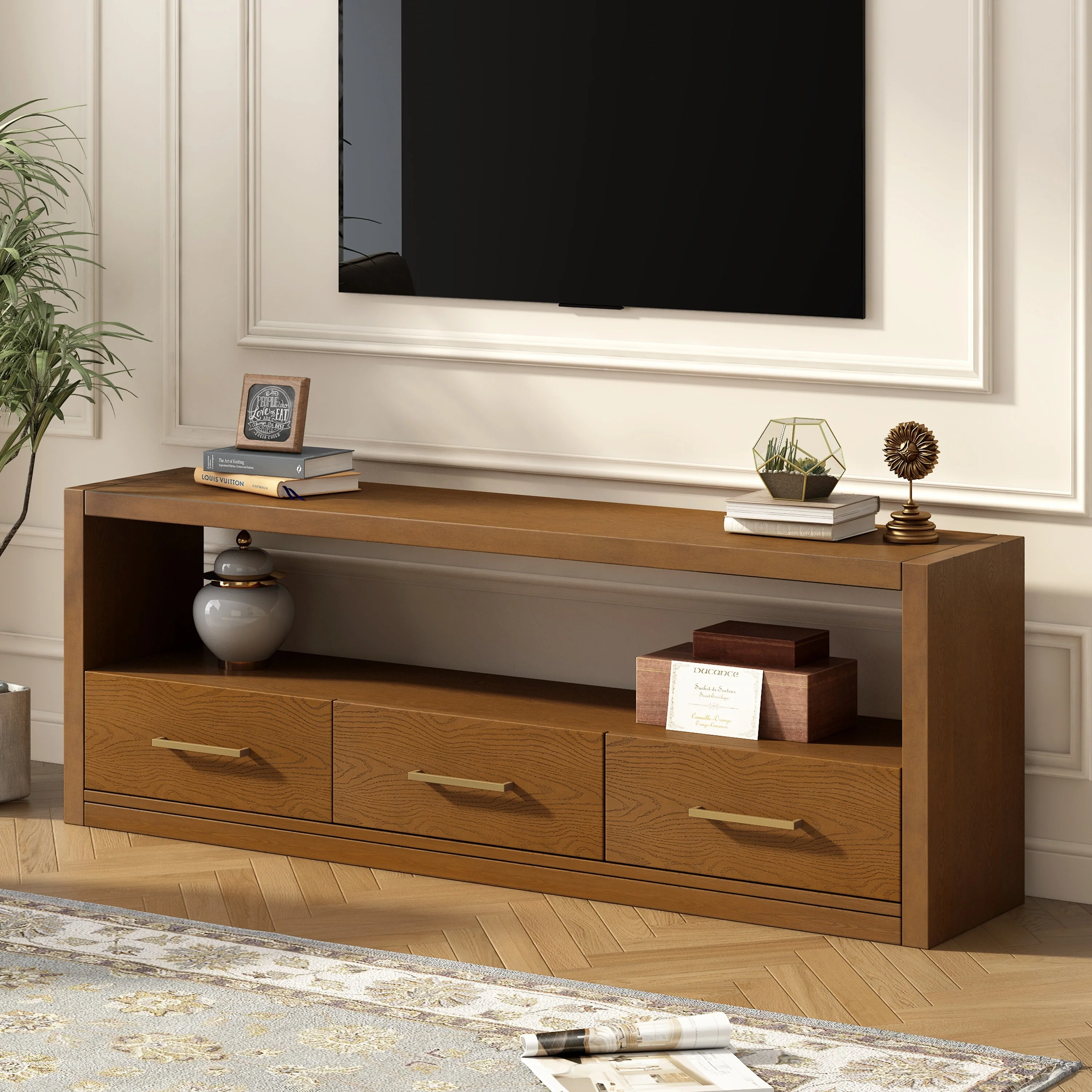 TV Stand with Three Drawers and Ample Storage, Minimalist Design for Living Room or Bedroom