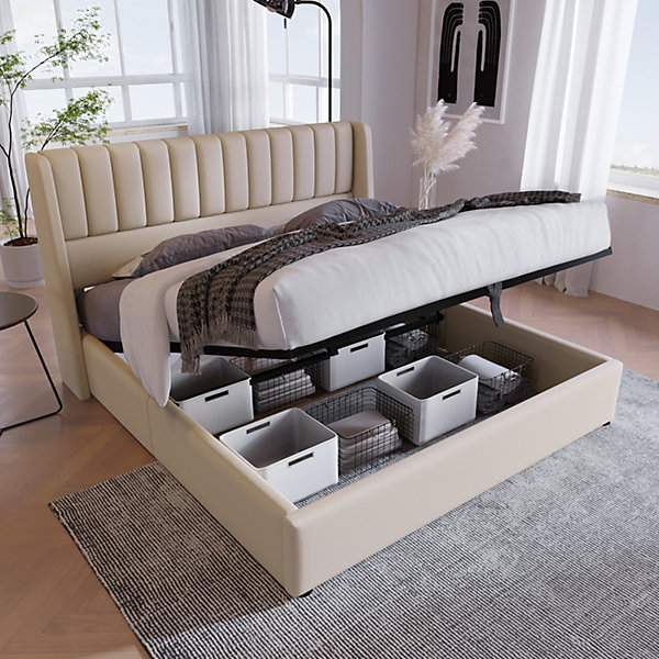 Lit coffre 160x200cm en tissu lin - avec tête de lit et sommier à lattes - Beige
