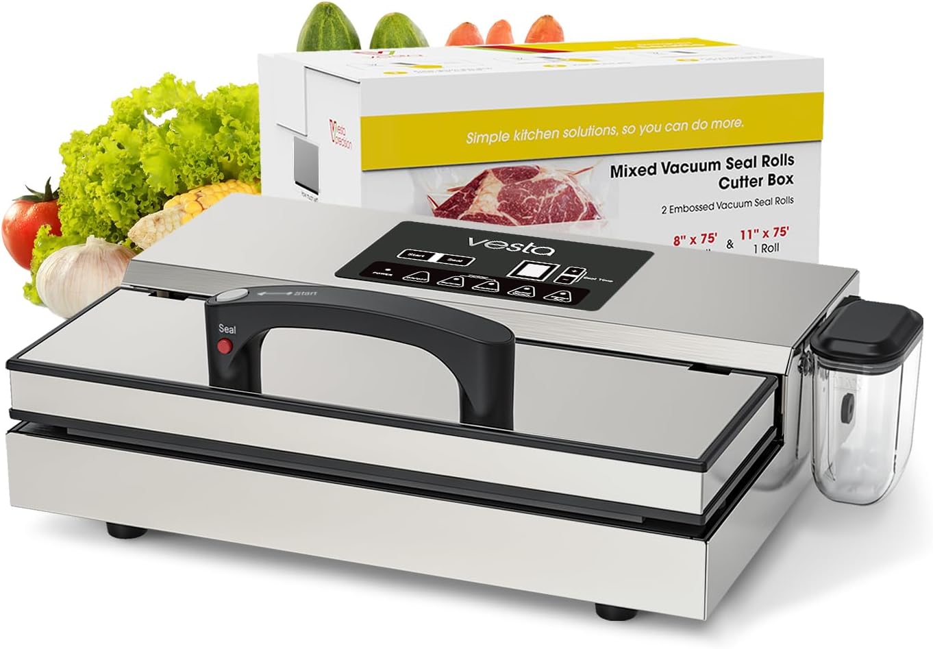 Vesta Precision Food Saver Vacuum Sealer Machine, 95kPa Commercial Grade Vacuum Sealer for Food, 12 Wide Sealing Bar & Smart Seal Design, Ideal for Sous Vide, includes Patented Cutter Box with Bags