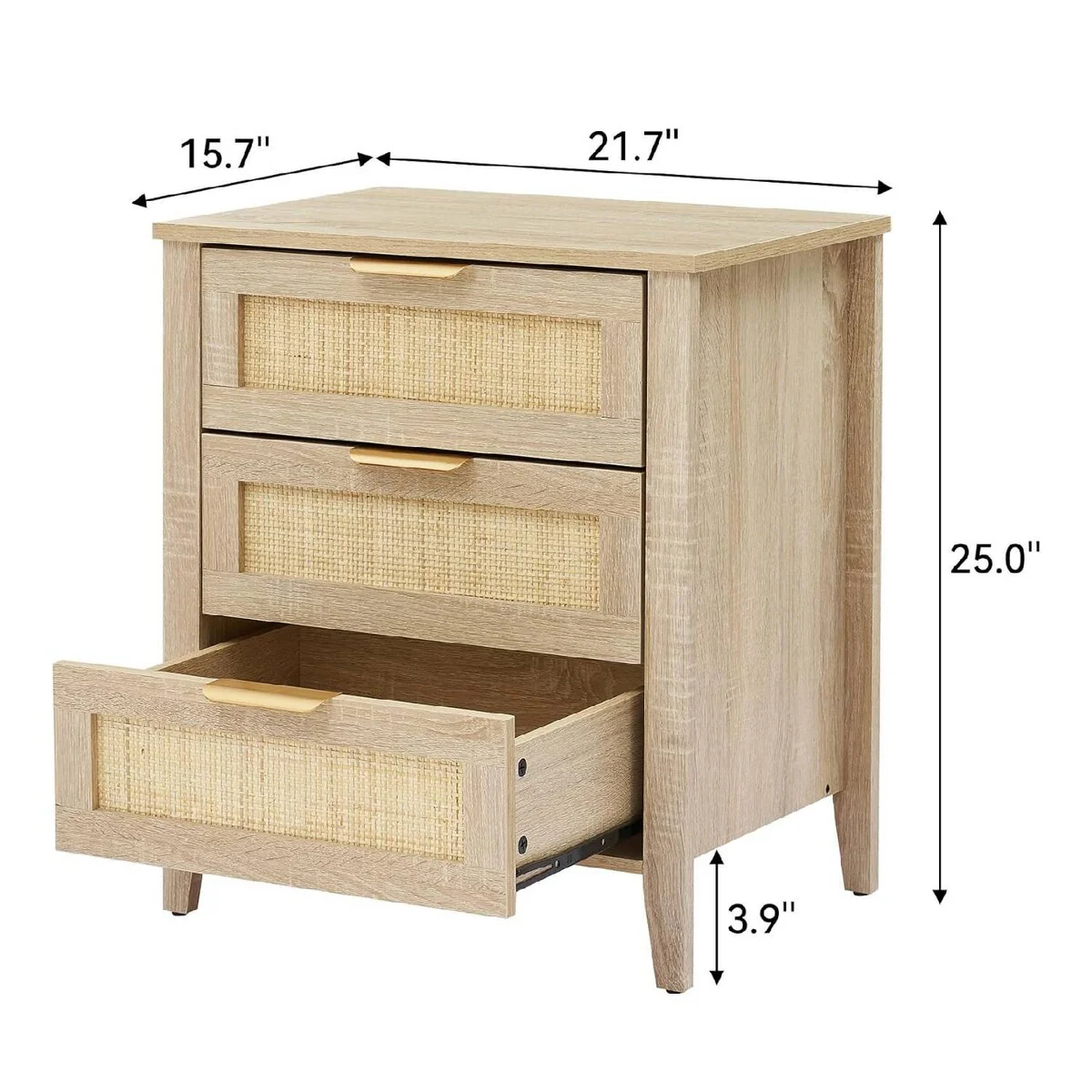 Rattan End Table, Nightstands with 3 Natural Drawers