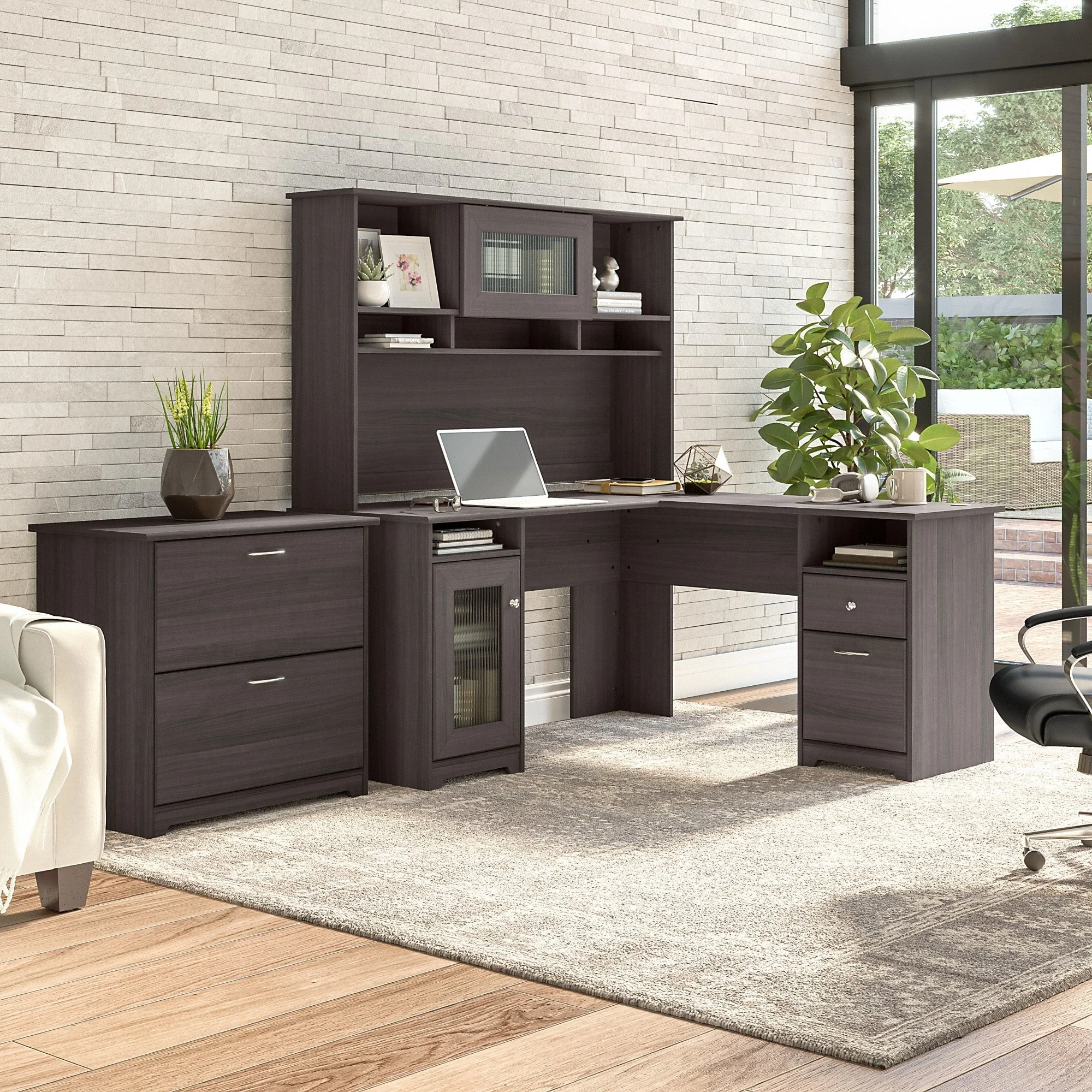 Cabot 60W L-Shaped Desk with Hutch and File Cabinet by Bush Furniture