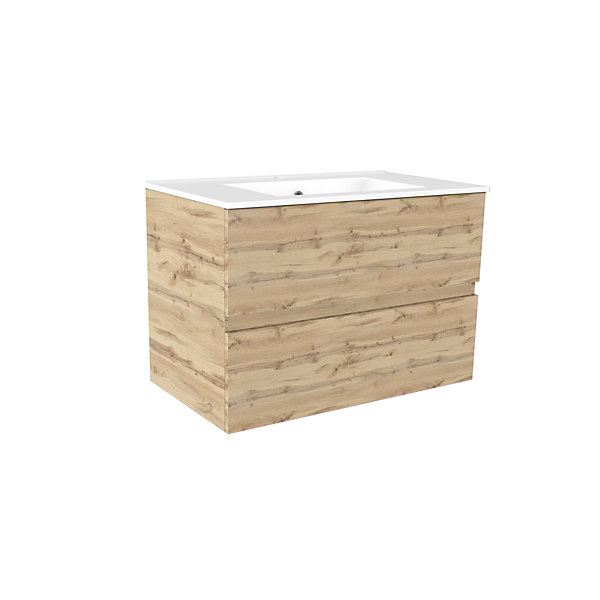 Ensemble sous vasque à poser effet chêne industriel 2 tiroirs   vasque blanche, l.80 cm, Galedo Timber