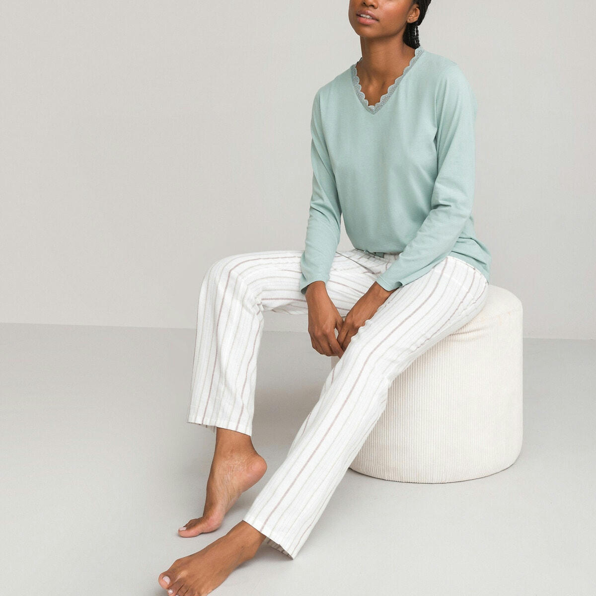Pyjama haut uni, bas imprimé en flanelle