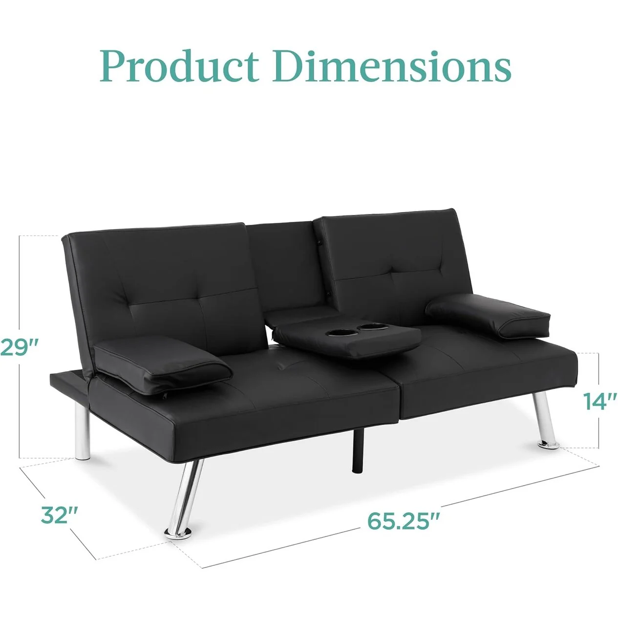 Best Choice Faux Leather Convertible Futon - Adjustable Sofa Bed with Removable Armrests, Black 