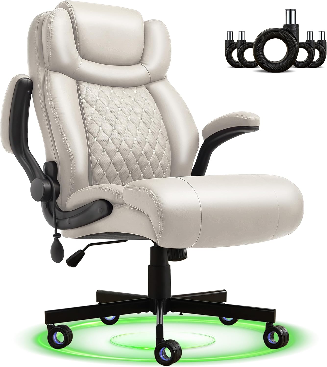 550LBS Big and Tall Office Chair, Comfy Heavy Duty Executive Chair with Adjustable Lumbar Support Double Spaces Casters, PU Extra Wide Seat Ergonomic Computer Desk Chair for Back Pain, BEIGEWHITE