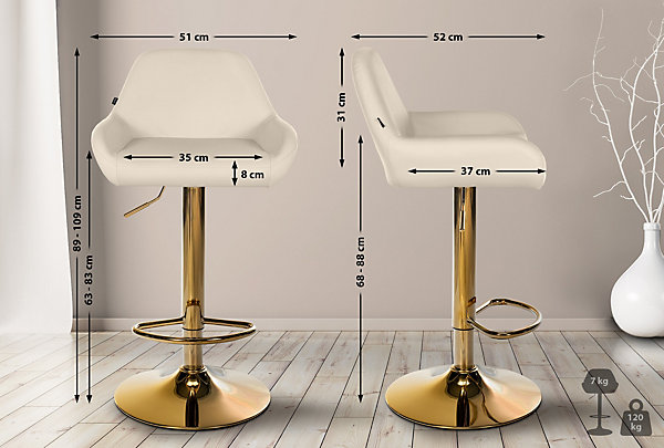 Ensemble de 2 tabourets de bar Braga en simili cuir, structure dorée, réglable en hauteur, pivotant 360, repose-pieds Crème
