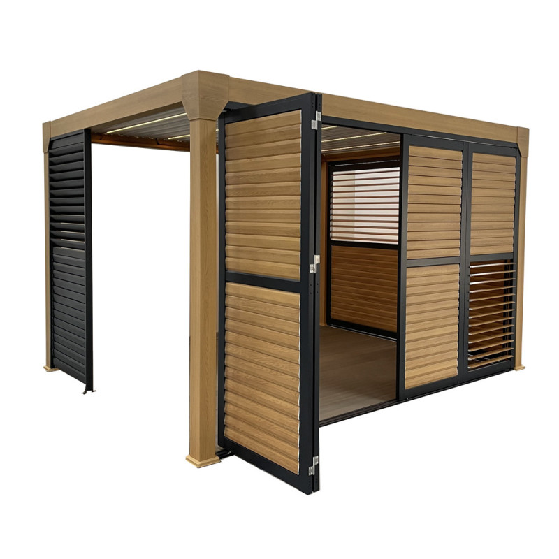 Panneau brise-vue ouvrant pour pergola bioclimatique Pianela aspect bois 4 x 2,34 m 2 pièces